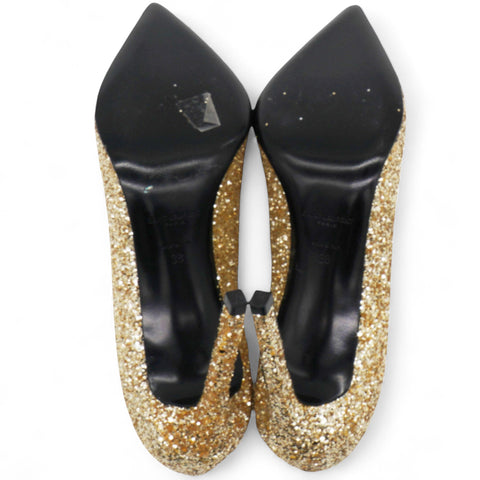 Saint Laurent Gold Glitter Pointed Toe Heels Golden Metallic Size38 
