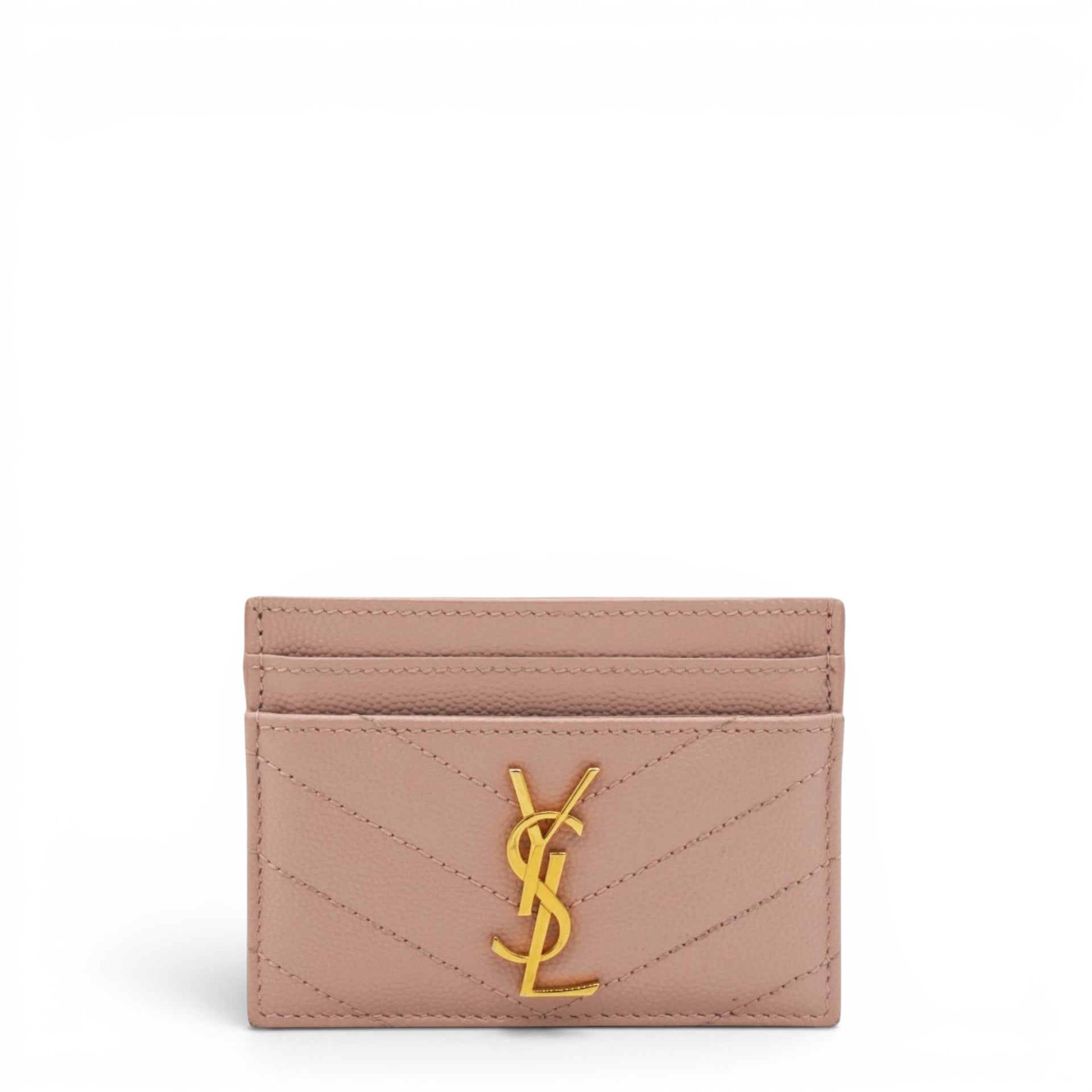 Saint Laurent Grain De Poudre Matelasse Chevron Monogram Credit Card Case Pale Pink 