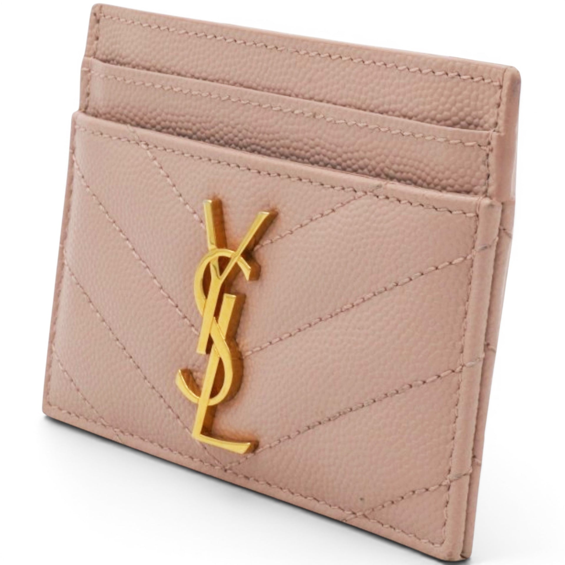 Saint Laurent Grain De Poudre Matelasse Chevron Monogram Credit Card Case Pale Pink 