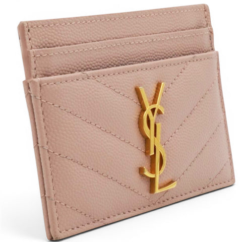 Saint Laurent Grain De Poudre Matelasse Chevron Monogram Credit Card Case Pale Pink 