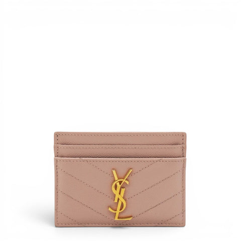 Saint Laurent Grain De Poudre Matelasse Chevron Monogram Credit Card Case Pale Pink 