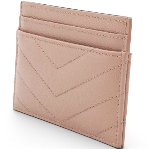 Saint Laurent Grain De Poudre Matelasse Chevron Monogram Credit Card Case Pale Pink 