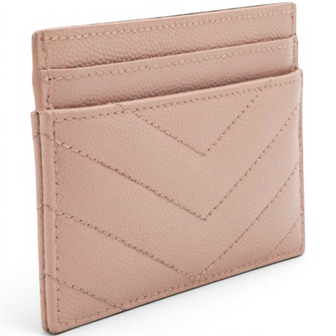 Saint Laurent Grain De Poudre Matelasse Chevron Monogram Credit Card Case Pale Pink 