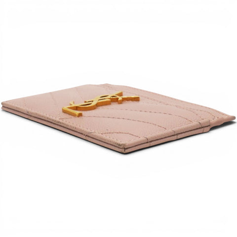 Saint Laurent Grain De Poudre Matelasse Chevron Monogram Credit Card Case Pale Pink 