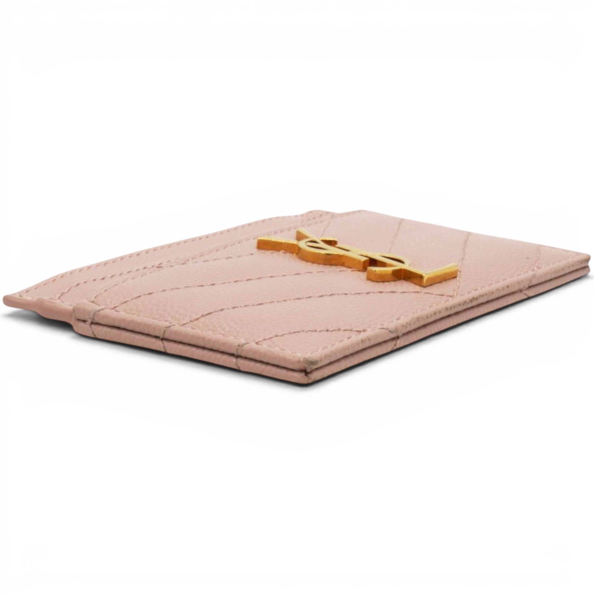 Saint Laurent Grain De Poudre Matelasse Chevron Monogram Credit Card Case Pale Pink 