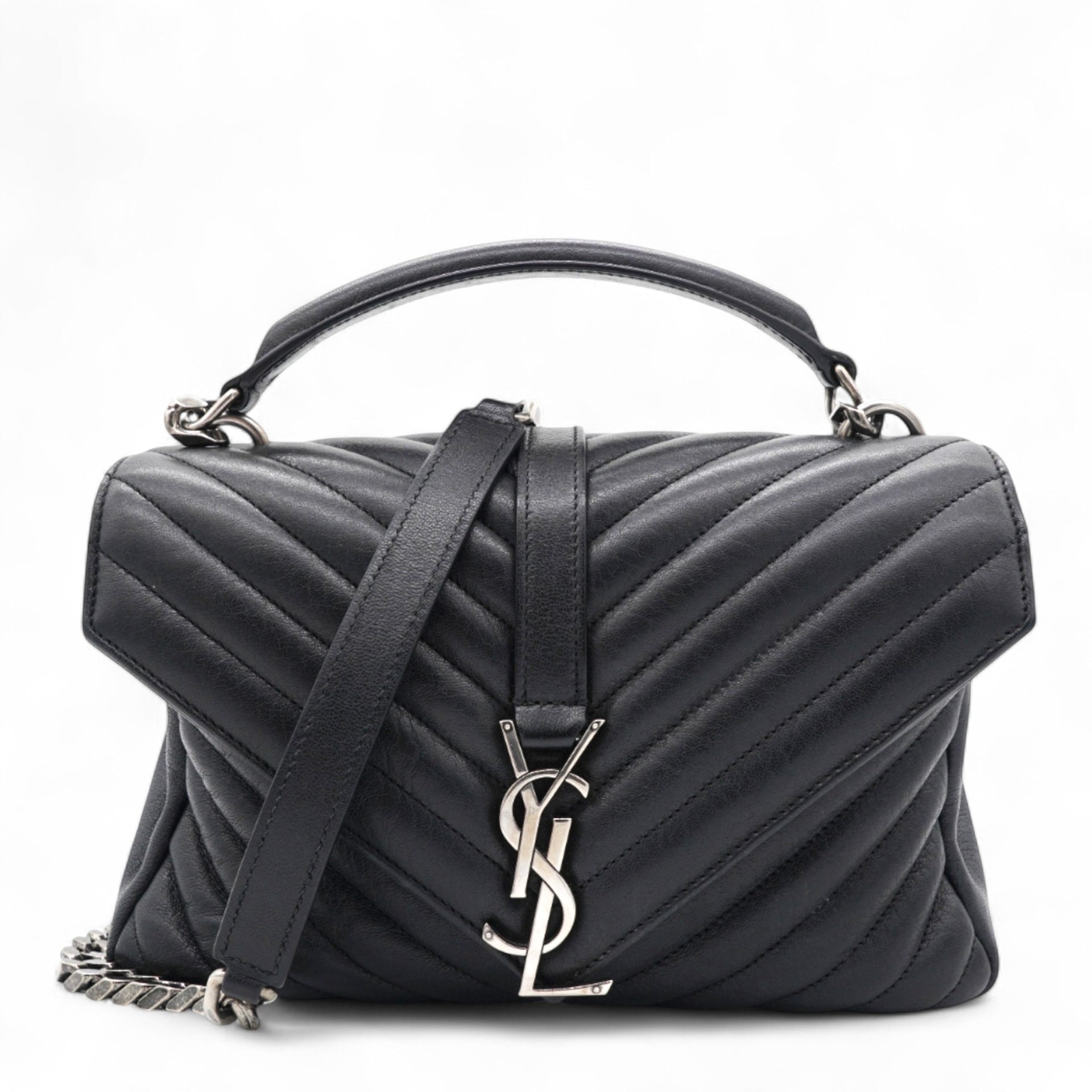 Saint Laurent Sheepskin Matelasse Chevron Monogram College Bag Black 