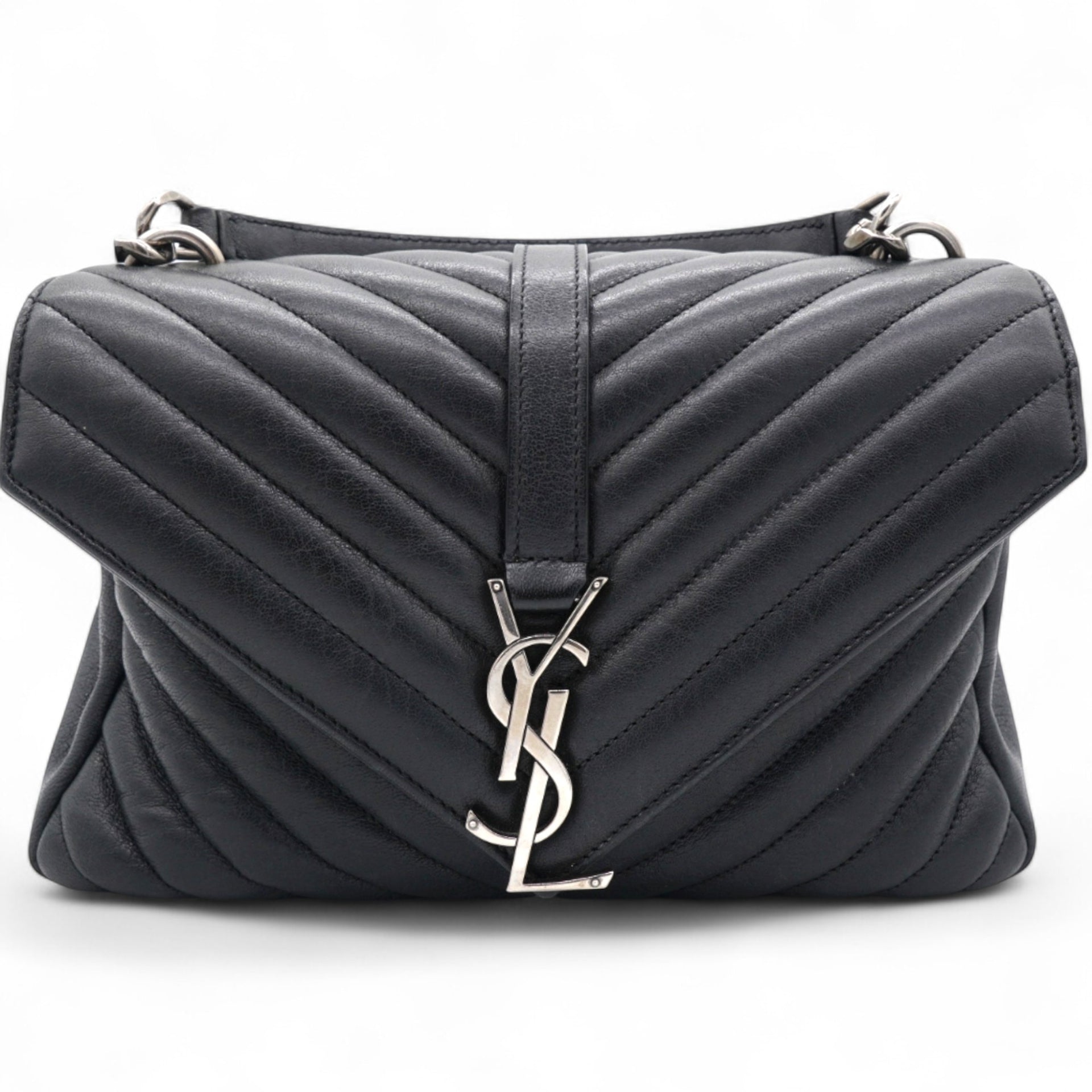 Saint Laurent Sheepskin Matelasse Chevron Monogram College Bag Black 