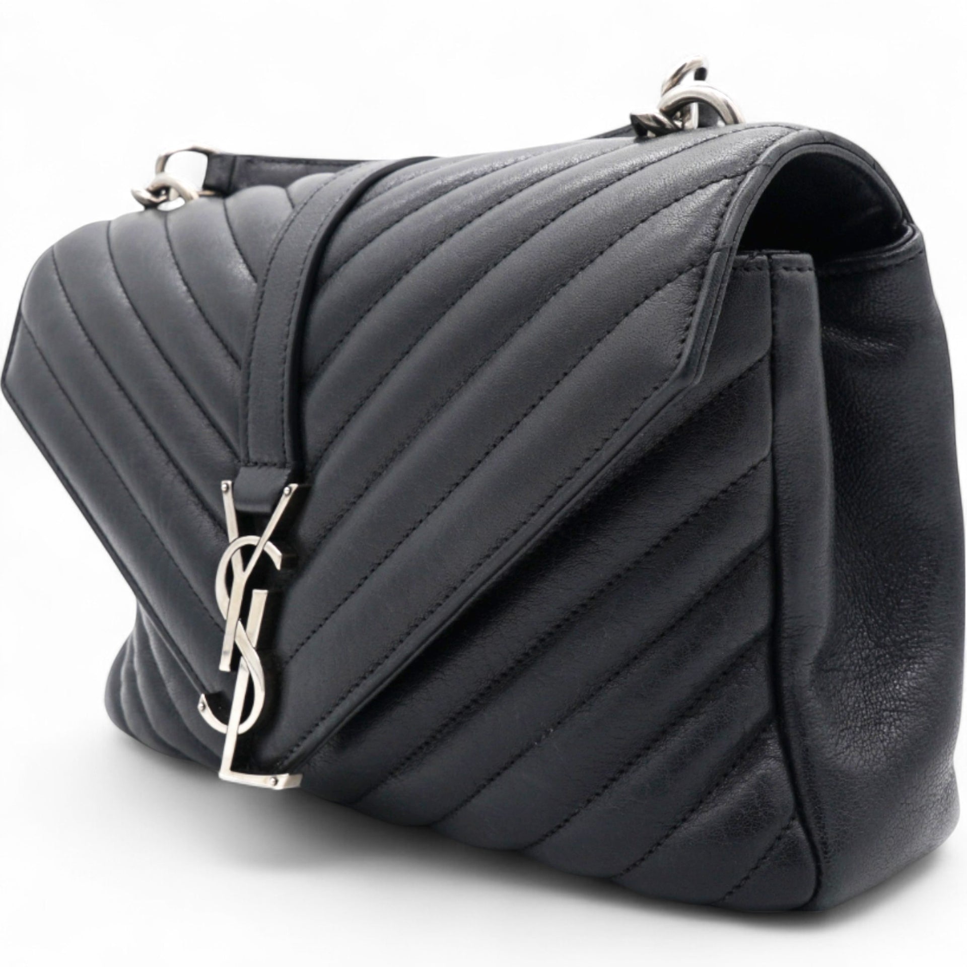 Saint Laurent Sheepskin Matelasse Chevron Monogram College Bag Black 