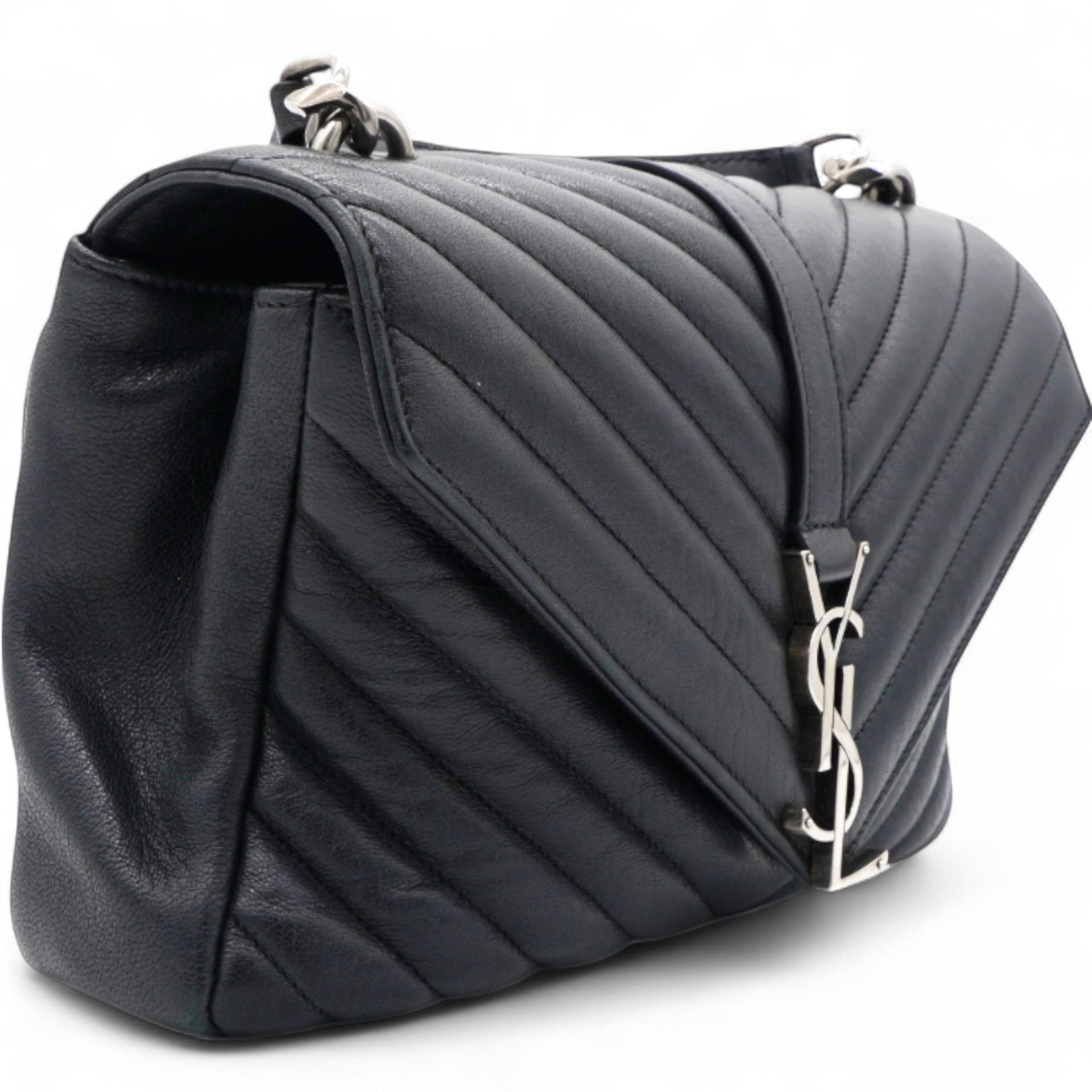 Saint Laurent Sheepskin Matelasse Chevron Monogram College Bag Black 