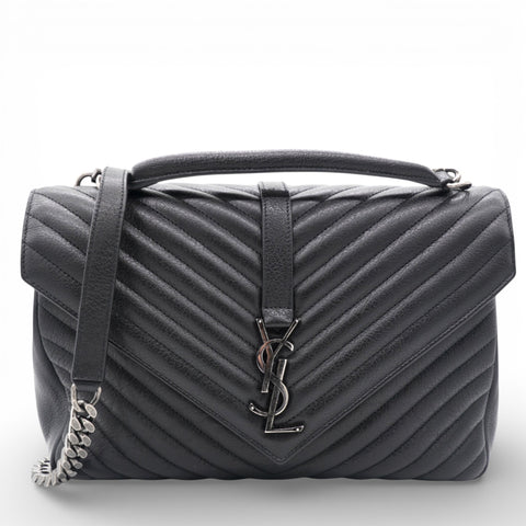 Saint Laurent Sheepskin Matelasse Chevron Monogram Large College Satchel Black