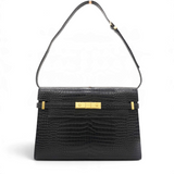 Saint Laurent Shiny Calfskin Crocodile Embossed Manhattan Baguette Black 