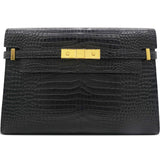 Saint Laurent Shiny Calfskin Crocodile Embossed Manhattan Baguette Black 