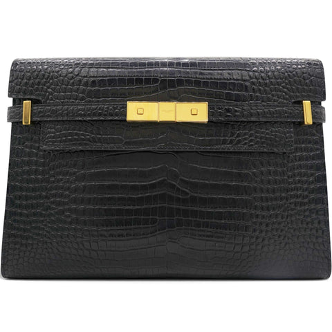 Saint Laurent Shiny Calfskin Crocodile Embossed Manhattan Baguette Black 