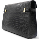 Saint Laurent Shiny Calfskin Crocodile Embossed Manhattan Baguette Black 