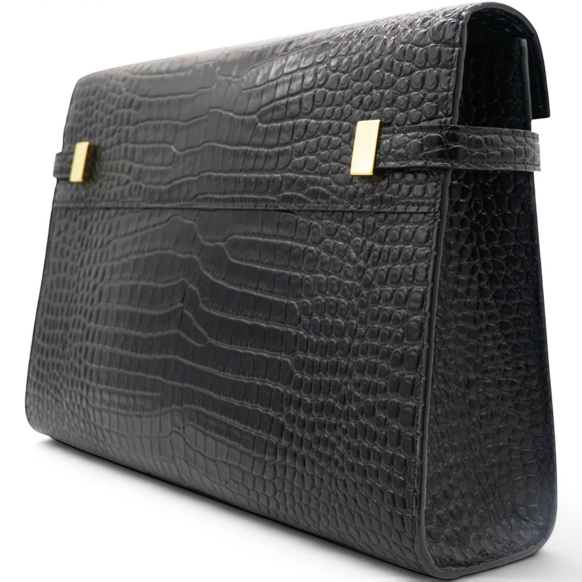 Saint Laurent Shiny Calfskin Crocodile Embossed Manhattan Baguette Black 