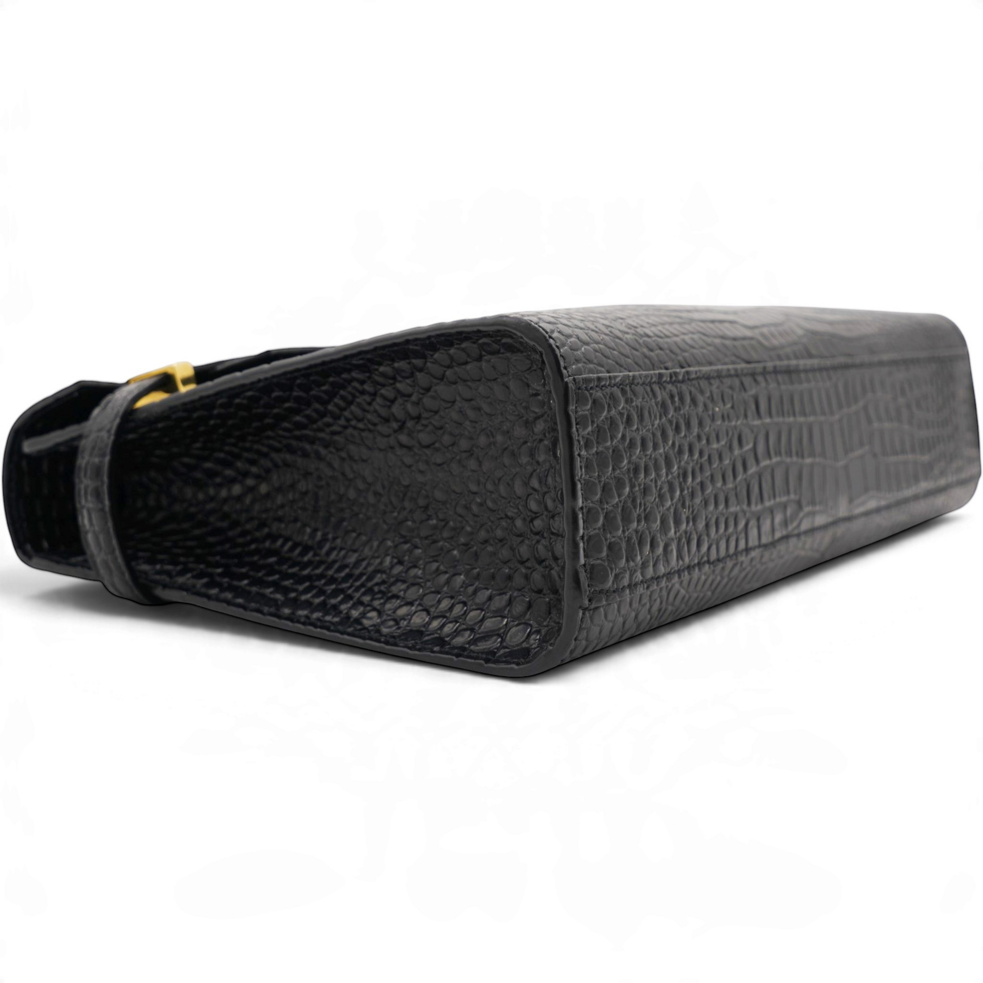 Saint Laurent Shiny Calfskin Crocodile Embossed Manhattan Baguette Black 