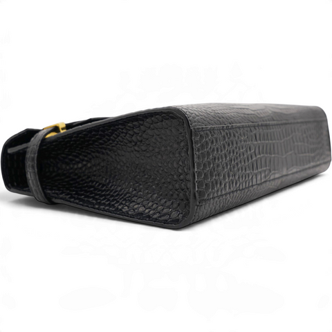 Saint Laurent Shiny Calfskin Crocodile Embossed Manhattan Baguette Black 