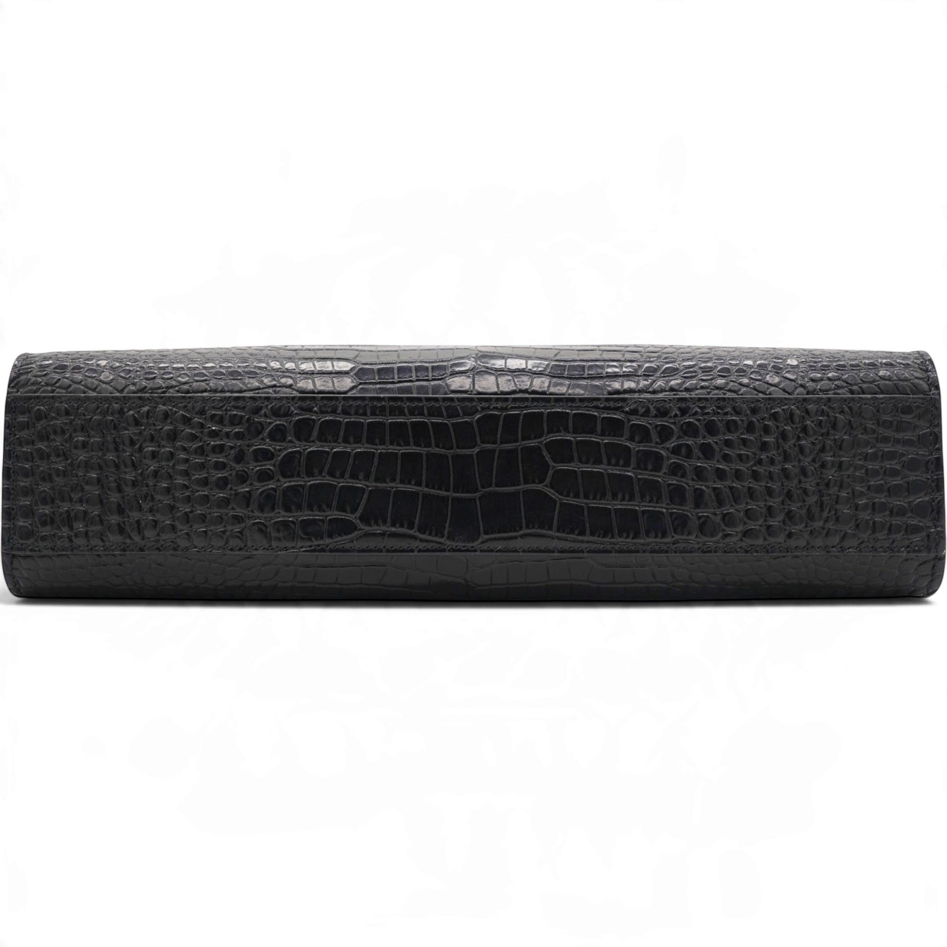 Saint Laurent Shiny Calfskin Crocodile Embossed Manhattan Baguette Black 