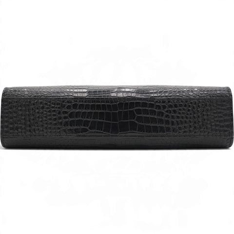 Saint Laurent Shiny Calfskin Crocodile Embossed Manhattan Baguette Black 