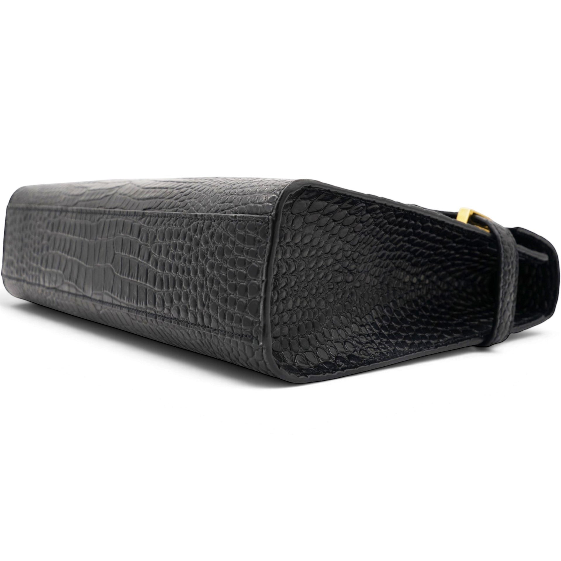 Saint Laurent Shiny Calfskin Crocodile Embossed Manhattan Baguette Black 