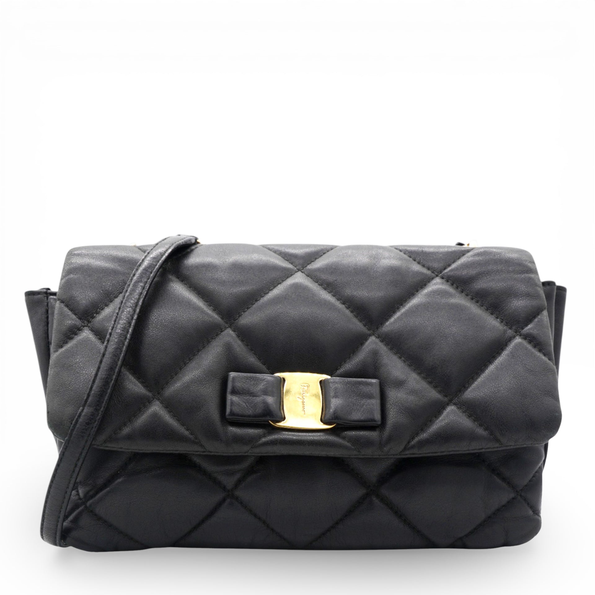 Salvatore Ferragamo Black Quilted Leather Vara Bow Shoulder Bag