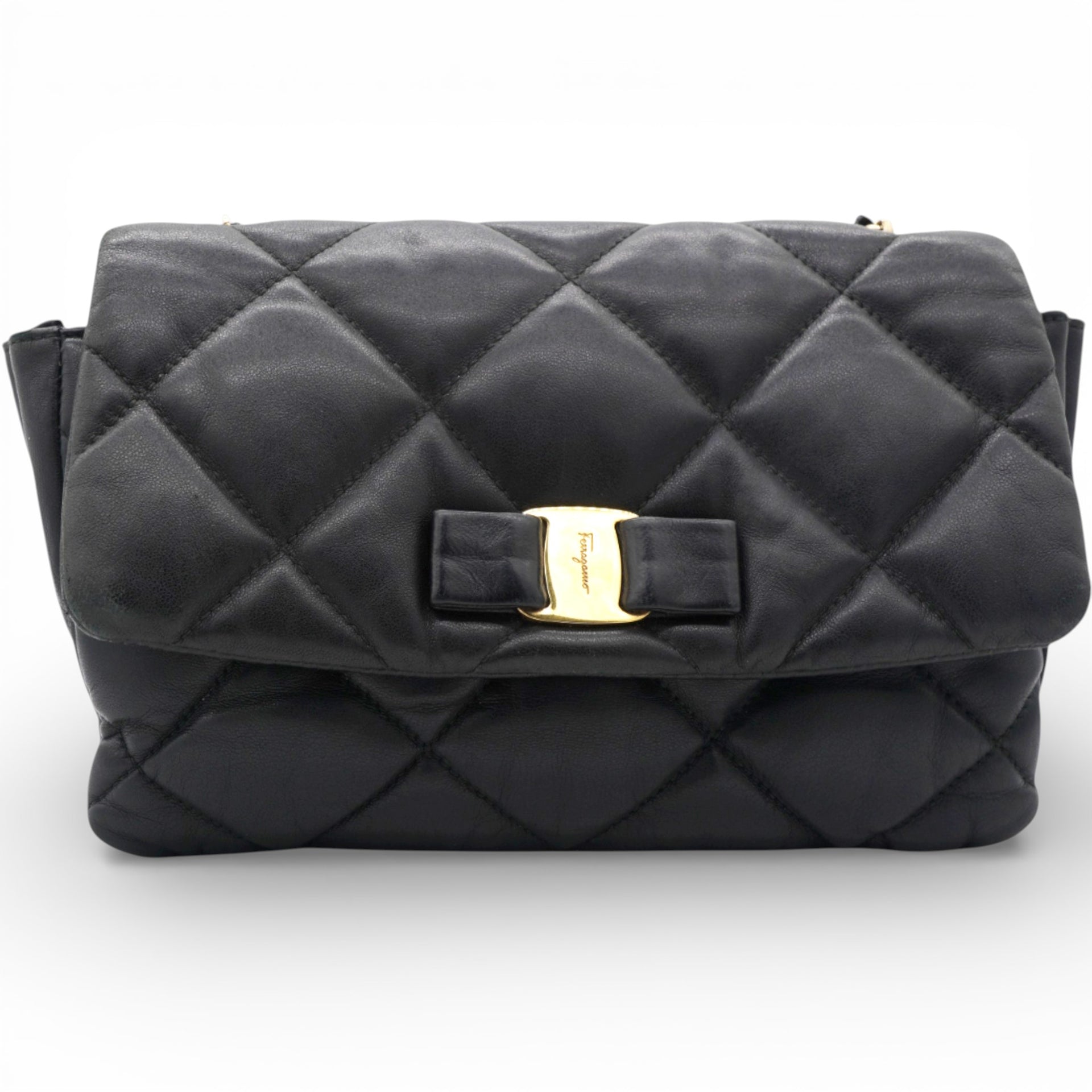 Salvatore Ferragamo Black Quilted Leather Vara Bow Shoulder Bag