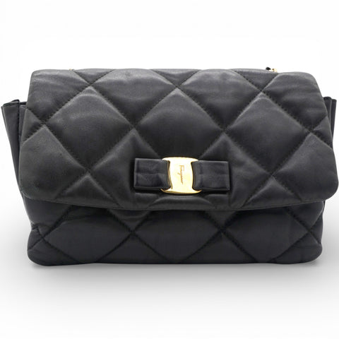 Salvatore Ferragamo Black Quilted Leather Vara Bow Shoulder Bag