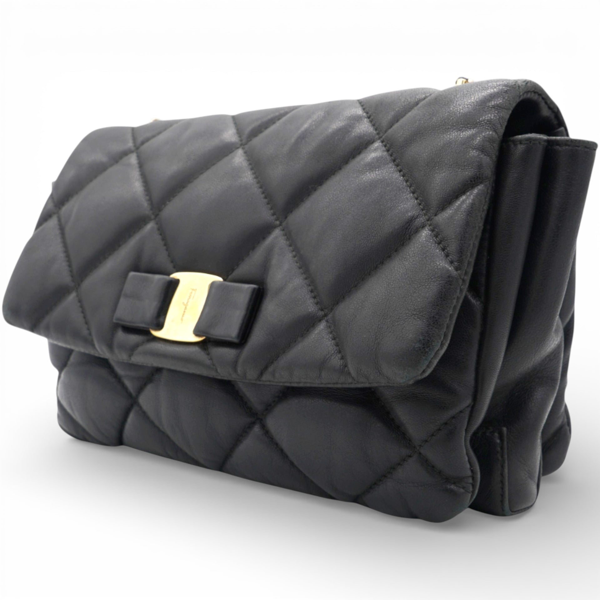 Salvatore Ferragamo Black Quilted Leather Vara Bow Shoulder Bag