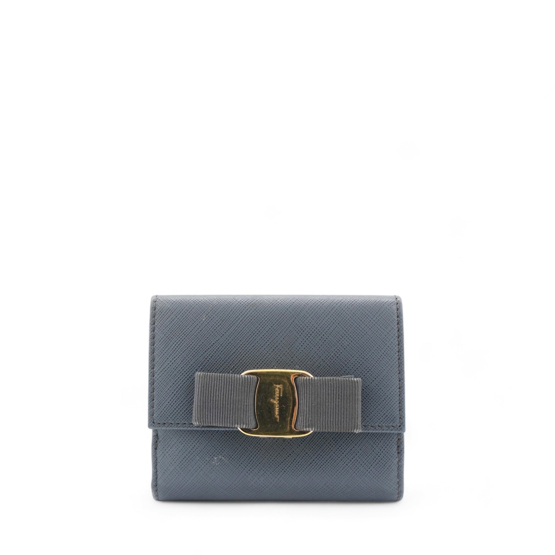 Salvatore Ferragamo Blue Leather Vara Bow Compact Wallet 