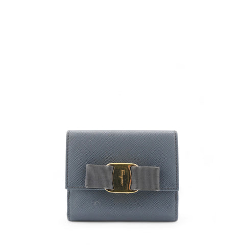 Salvatore Ferragamo Blue Leather Vara Bow Compact Wallet 