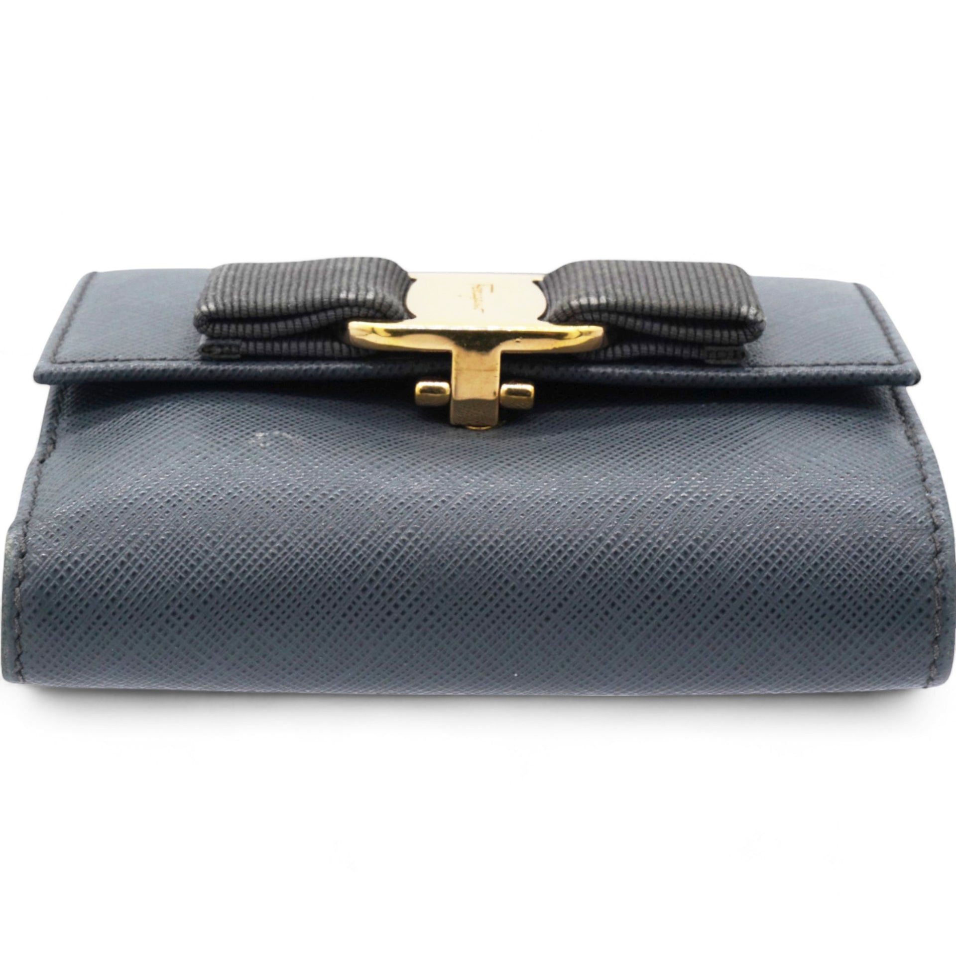 Salvatore Ferragamo Blue Leather Vara Bow Compact Wallet 