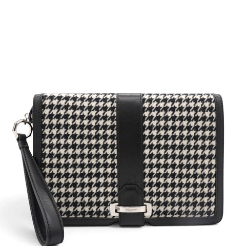 Salvatore Ferragamo Houndstooth Wool Blend Wristlet Clutch 