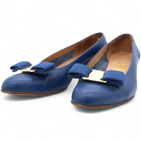 Salvatore Ferragamo Navy Blue Leather Vara Pumps Size4.5/35 