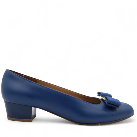Salvatore Ferragamo Navy Blue Leather Vara Pumps Size4.5/35 