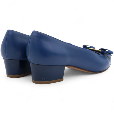 Salvatore Ferragamo Navy Blue Leather Vara Pumps Size4.5/35 