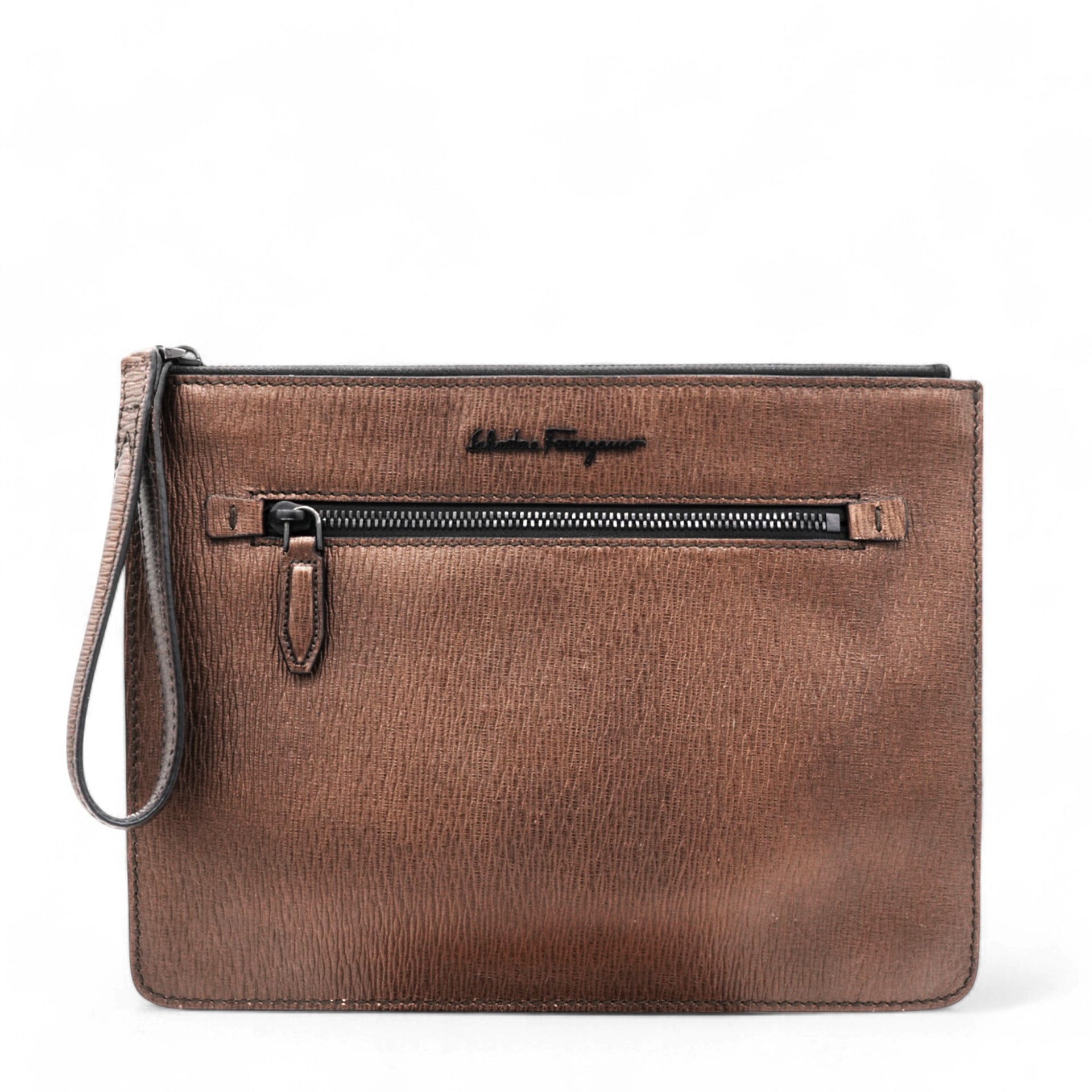 Salvatore Ferragamo Revival Meta Wristlet Leather Clutch 