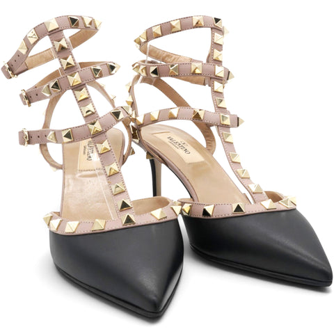 VALENTINO Nappa Rockstud Ankle Strap 65mm Pumps Black Poudre Size37 