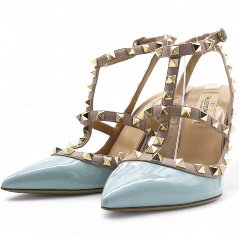 Valentino Blue/Dusty Pink Leather Rockstud Ankle Strap Pumps Size 37.5 