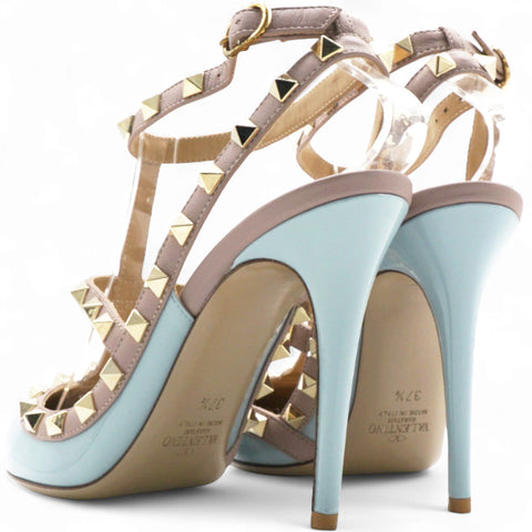 Valentino Blue/Dusty Pink Leather Rockstud Ankle Strap Pumps Size 37.5 