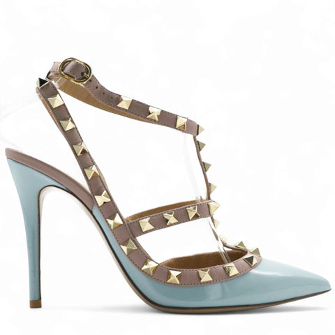 Valentino Blue/Dusty Pink Leather Rockstud Ankle Strap Pumps Size 37.5 