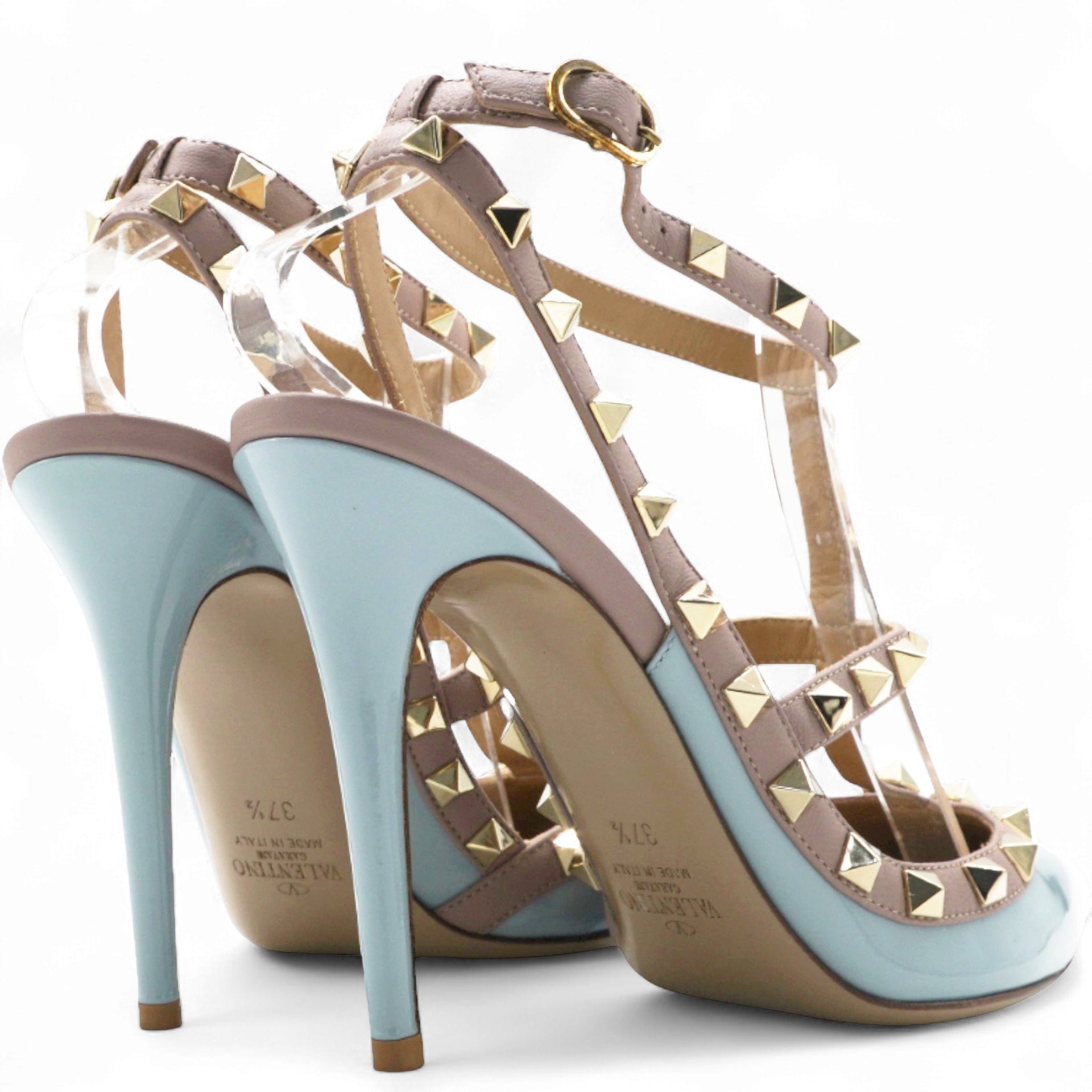 Valentino Blue/Dusty Pink Leather Rockstud Ankle Strap Pumps Size 37.5 