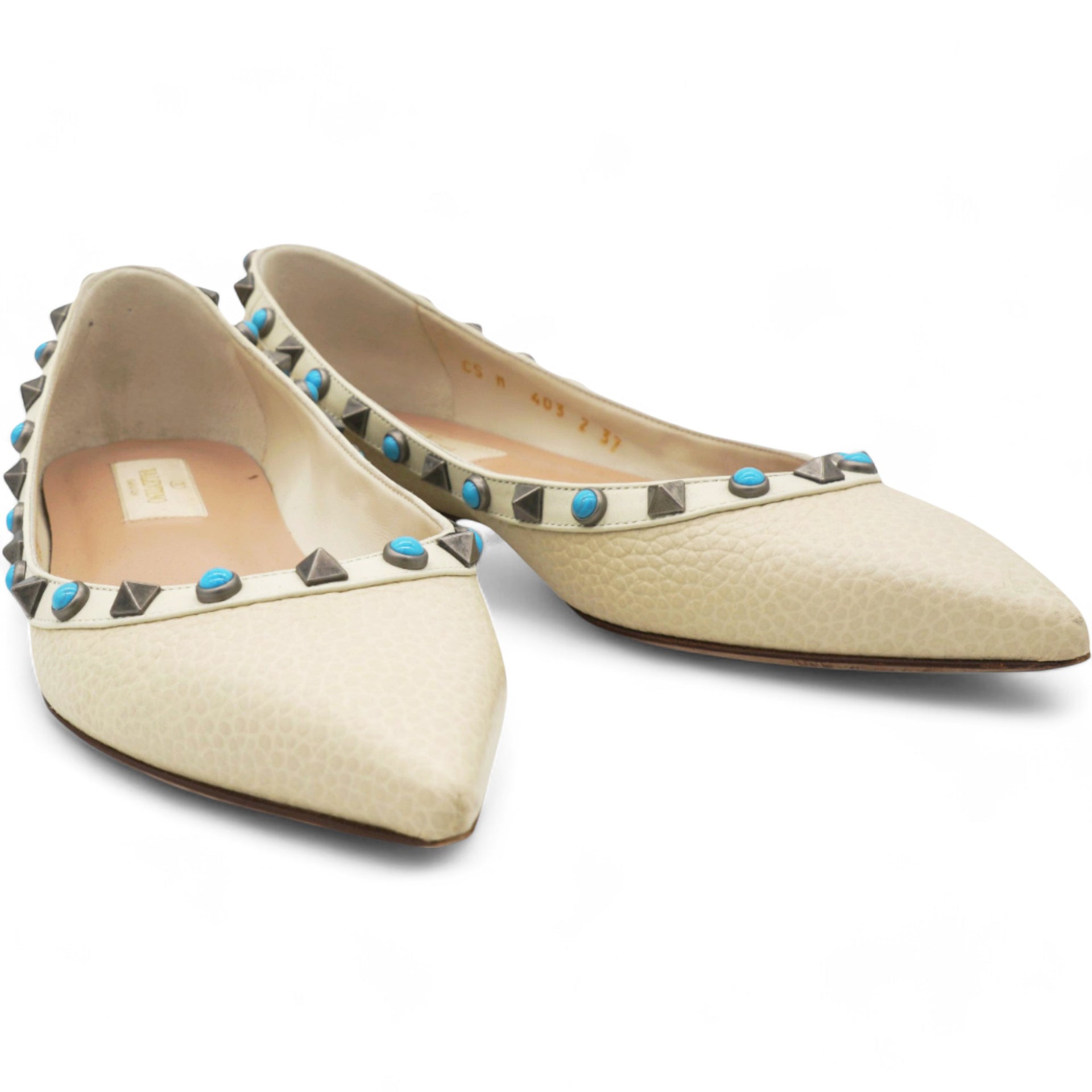 Valentino Garavani  Pebbled Calfskin Rockstud Rolling Ballerina Flats Ivory Size 37 