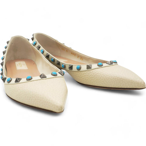 Valentino Garavani  Pebbled Calfskin Rockstud Rolling Ballerina Flats Ivory Size 37 