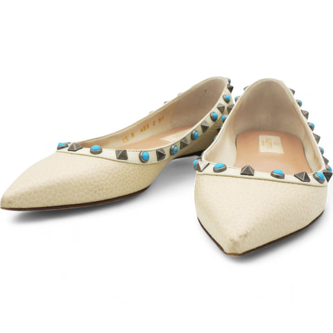 Valentino Garavani  Pebbled Calfskin Rockstud Rolling Ballerina Flats Ivory Size 37 