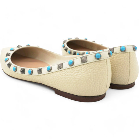 Valentino Garavani  Pebbled Calfskin Rockstud Rolling Ballerina Flats Ivory Size 37 