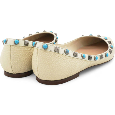 Valentino Garavani  Pebbled Calfskin Rockstud Rolling Ballerina Flats Ivory Size 37 