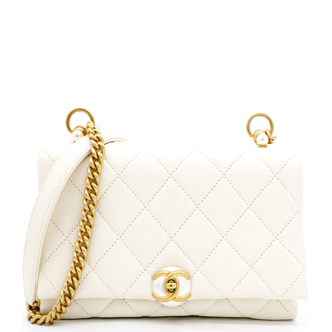 Pearl Logo Strap Flap Bag White