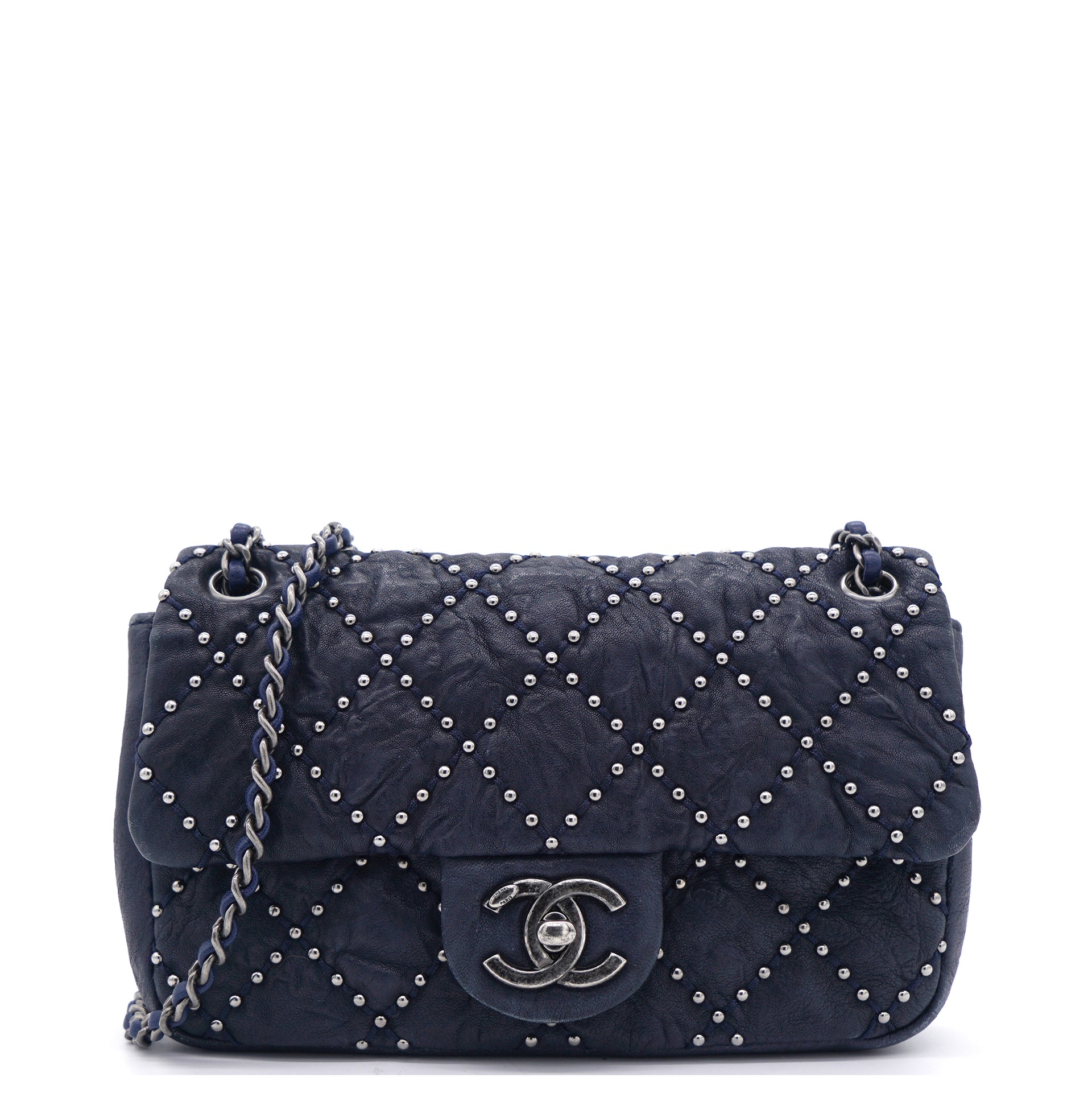Chanel Navy Blue Studded Leather Mini Single Flap Bag – STYLISHTOP