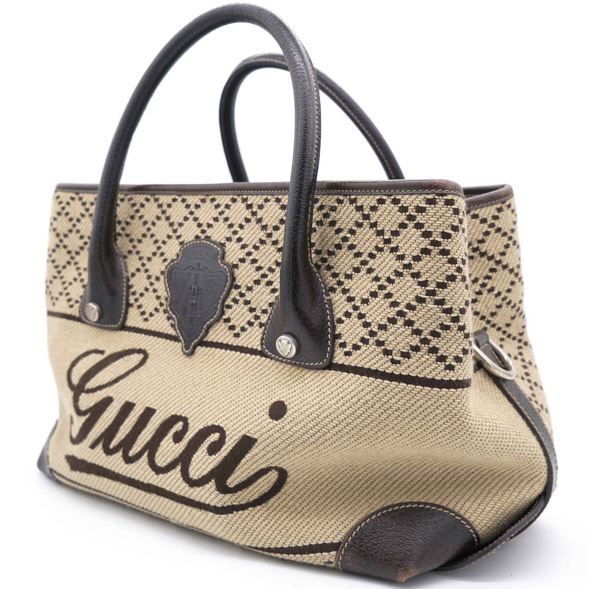 Logo Beige Canvas and Brown Leather Tote