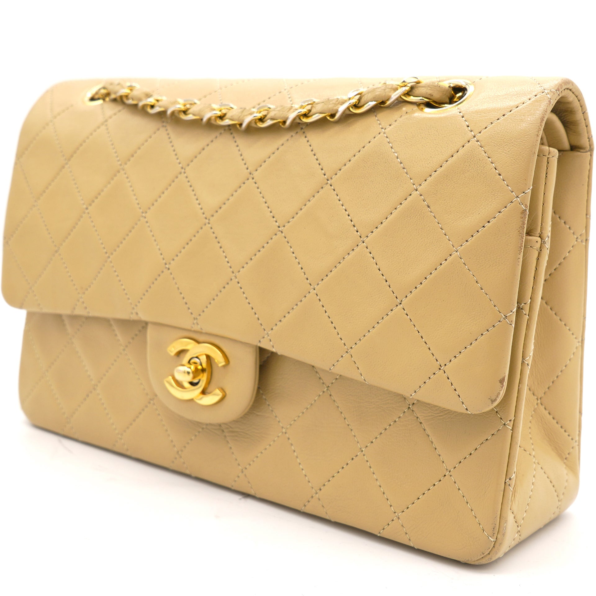 Chanel Beige Quilted Lambskin Leather Medium Classic Vintage